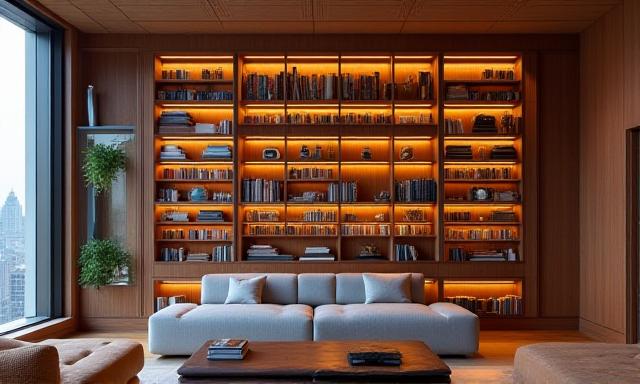 Soho loft with custom floor-to-ceiling architectural walnut shelving